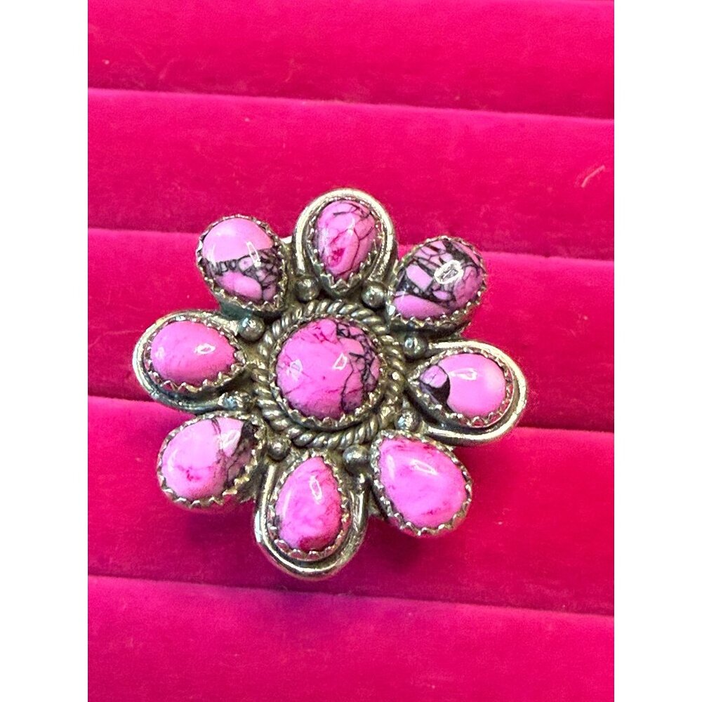 Sterling Silver Adjustable Ring With Pink Cherry Blossom Dahlia Stones